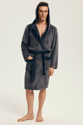 Мъжки халат Henderson 43377 Natch, сив - качулка, топла плетка, комфорт и елегантност