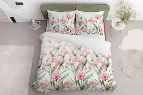 5328 B Спално бельо от сатен Розови големи цветя на бял фон Detexpol