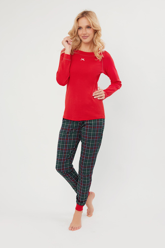 Foggia Дамска пижама с дълъг ръкав и дълъг панталон Италианска мода - червено/принт 