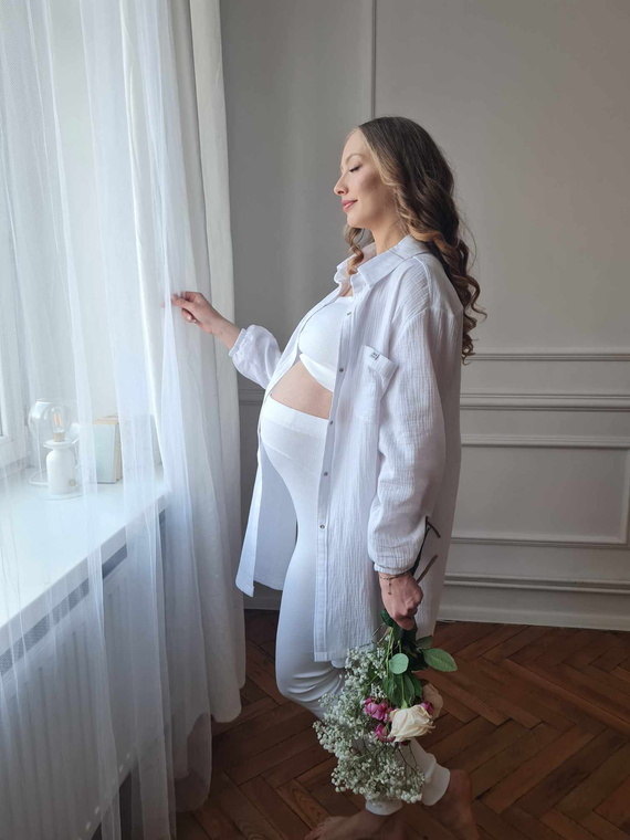 3411C/E Legginsy ciążowe prążkowane z wysokim stanem – komfort i styl w jednym - ecru