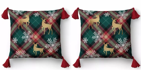 5381 Декоративна калъфка за възглавница Detexpol с елени и снежинки на кариран фон - цип
