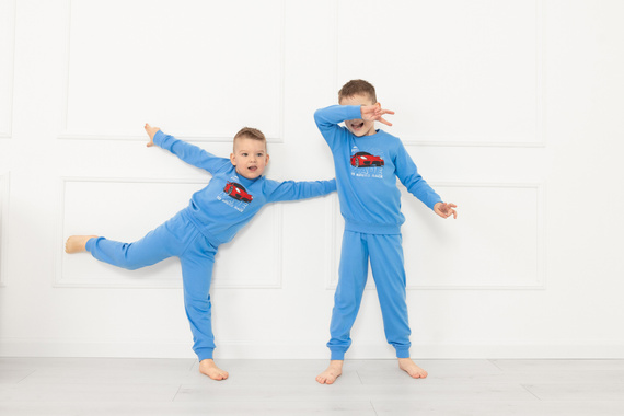 Пижама Gordo за момчета - памучна, с дълъг ръкав и панталон с шнур Италианска мода - синя 