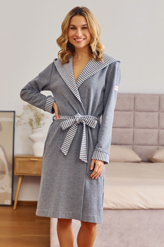 7229 Дамски халат Doctor Nap - памук, качулка, елегантни покрития - тъмно сив