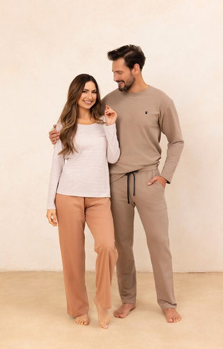 715 Дамска бежова пижама Regina - памучна тениска на райе с джоб