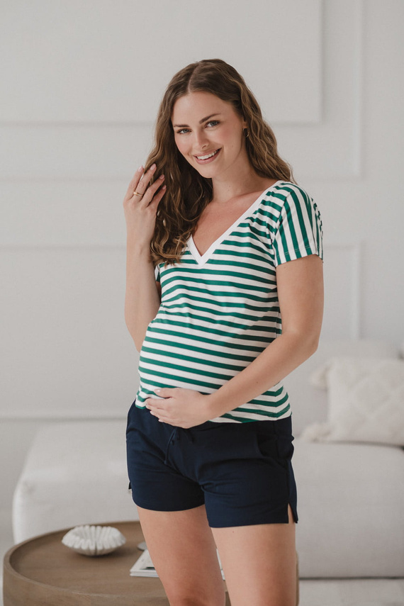 Two Ways двустранна блуза за бременни и кърмене | Къс ръкав, удобни зелени и бели райета Milk&Love