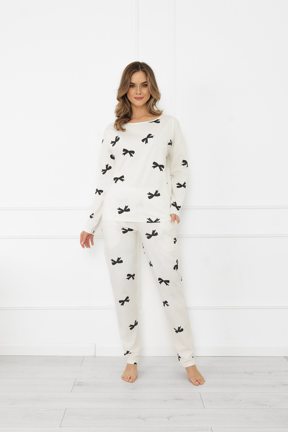 Дамска пижама Figaro - екрю, памук, дълъг ръкав + дълъг панталон Италианска мода  