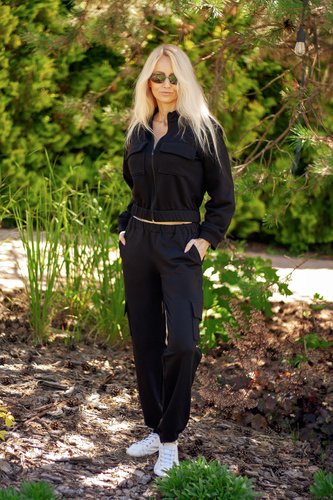 Памучен дамски анцуг Mili Mirale, удобен комплект с джобове - полско производство - черен