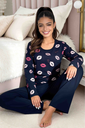 Donna Kiss Long дамска пижама тъмносиня 100% памук дълги панталони