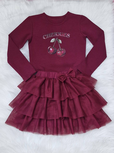 Памучна блуза за момиче в бордо цвят, с дълъг ръкав и щампа Cherries Bambarillo