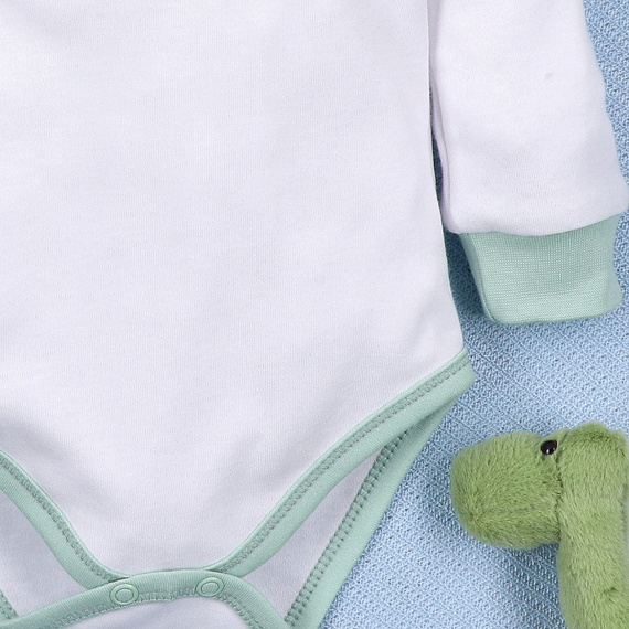 ABN-5565 Боди от органичен памук Dino Explorer, бяло, Nini – органичен памук, дълъг ръкав