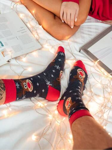 1290-019 Еленски глави и снежинки Мъжки чорапи Милена - тъмносини