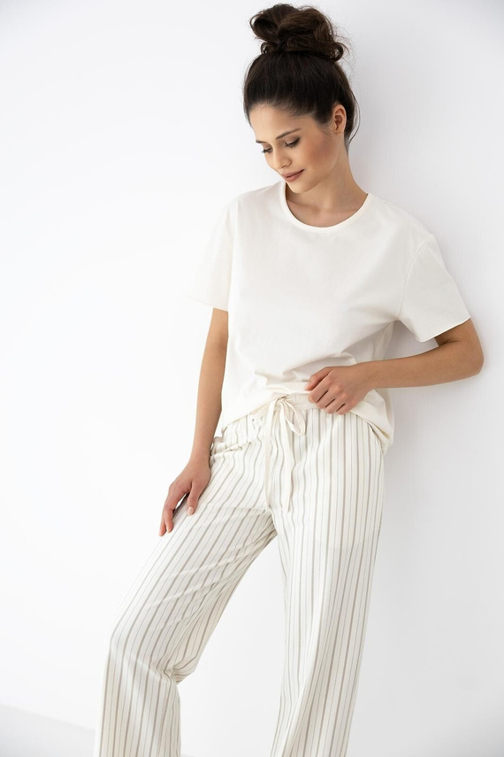 Дамска пижама Soleil Sensis ecru-бежова, памук, къс ръкав, дълъг панталон