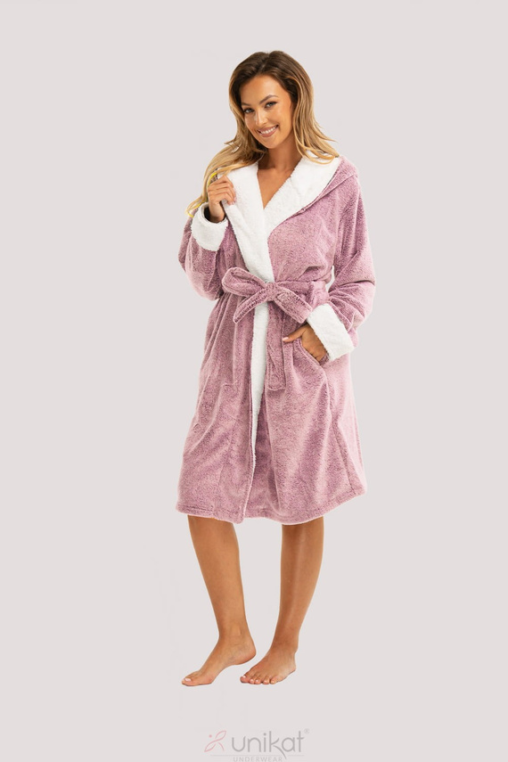 Дамски халат Sharon Unikat - розов, мек с качулка и колан, мек и лек