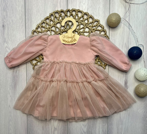 Рокля за момиче Mamatti SZ352 памучна с тюл с дълъг ръкав - розова