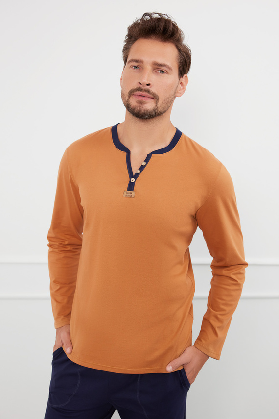 Julius Мъжка пижама с дълъг ръкав и дълъг панталон Италианска мода - коняк/зелено 