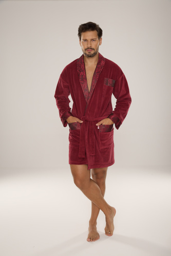 866 Noble Мъжки велурен халат De Lafense - къс, елегантен, памук - бордо