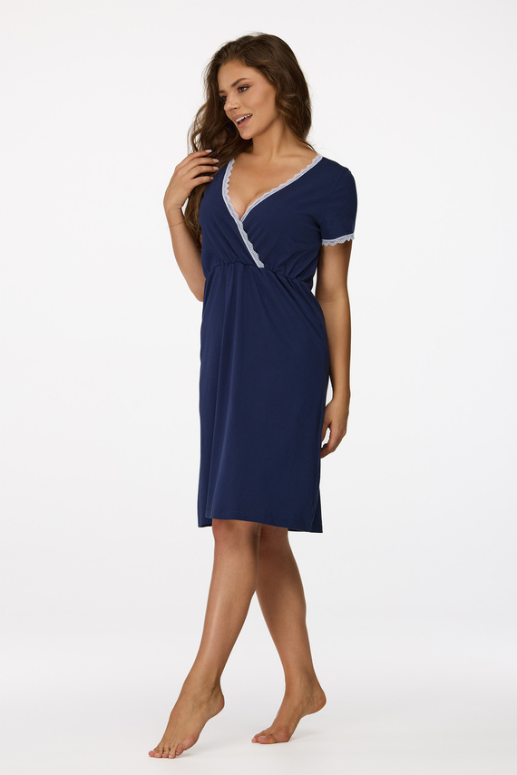 № 36 Нощница за бременни Senizo, тъмносиня – 100% памук, дантела, къс ръкав, за кърмене