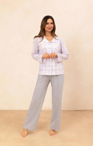 727 Дамска пижама Regina, сива - 100% памук, карирана, риза с копчета