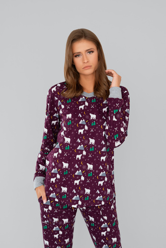 Ava Дамска пижама с дълъг ръкав и панталон Италианска мода - принт бордо 
