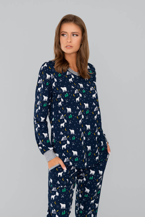 Ava Дамска пижама с дълъг ръкав и панталон Италианска мода - тъмносин принт 