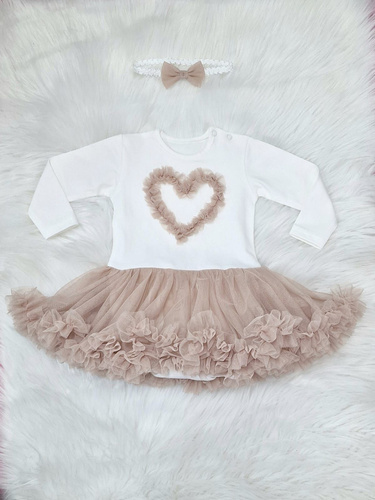 Боди Mia с дълъг ръкав Bambarillo – екрю и бежово, памук с тюл