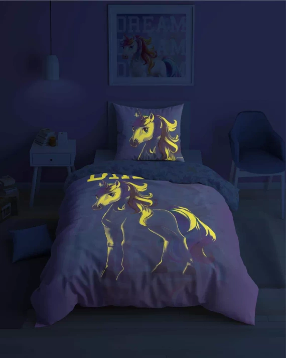 5208 A Fluo 40 Памучно спално бельо, светещо в тъмното Еднорог Detexpol