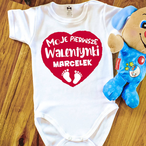 SKU N070 "Моят първи Свети Валентин + име" Боди с къс ръкав Moocha, бяло