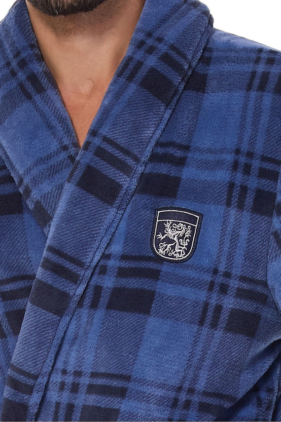 2456 BJ Мъжки тъмносин халат за баня L&amp;L - мек, кариран, яка