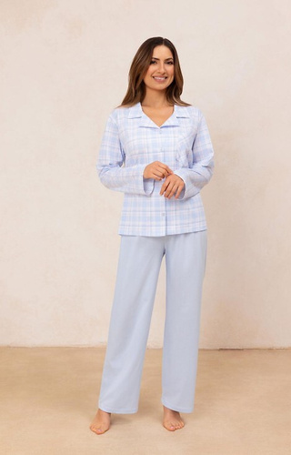 727 Дамска пижама Regina, синя – 100% памук, карирана, риза с копчета