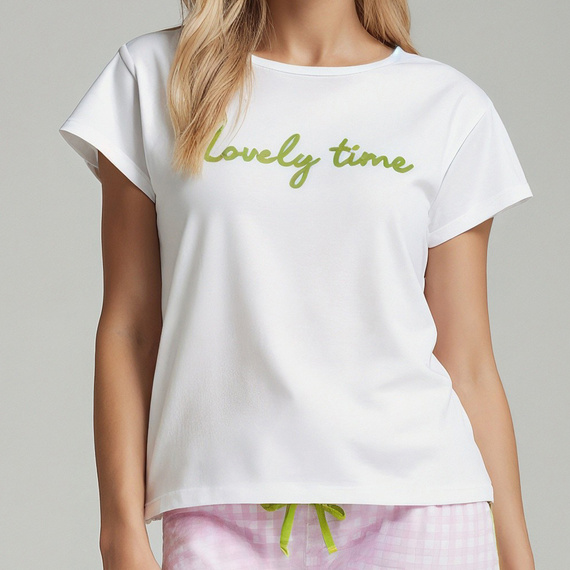 Dana Piżama damska Sorbetto różowa  – bawełna 100%, krótki rękaw, spodnie w kratkę, komplet