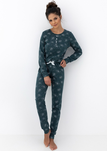 Дамска пижама Ellison Sensis, зелена - памучна пижама с дълги ръкави и оребрени маншети