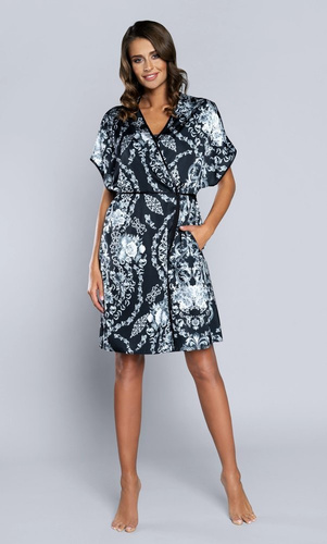 Сребърен дамски халат с къс ръкав от сатен Италианска мода - тъмносин 