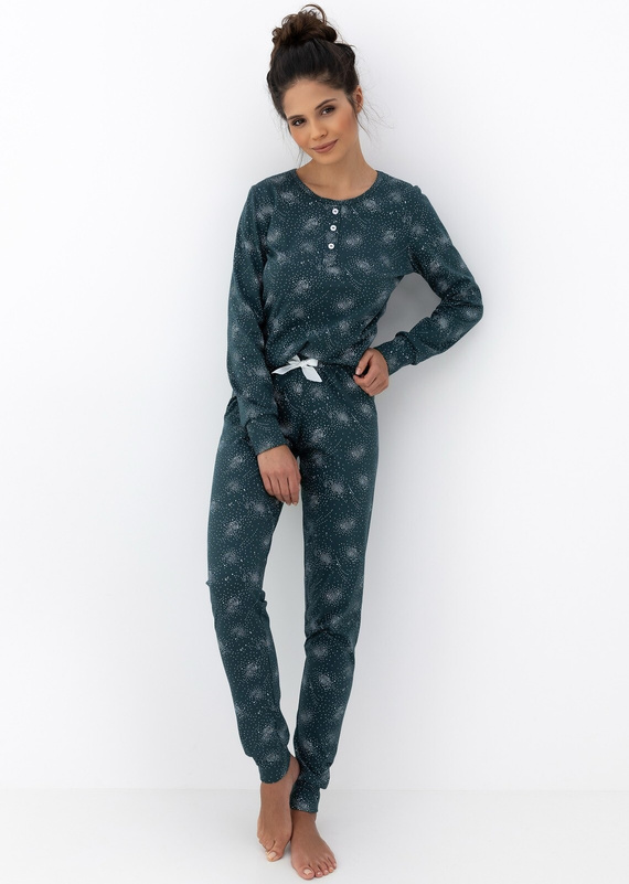 Дамска пижама Ellison Sensis, зелена - памучна пижама с дълги ръкави и оребрени маншети