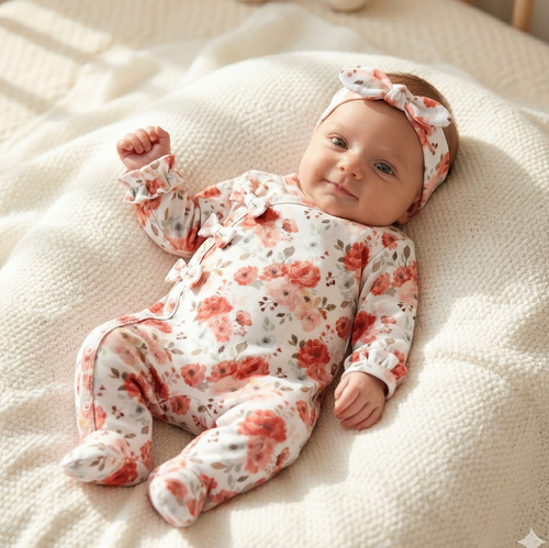 ABK-0054 Бебешки комплект NINI Roses Органичен памук Гащеризон с лента за глава