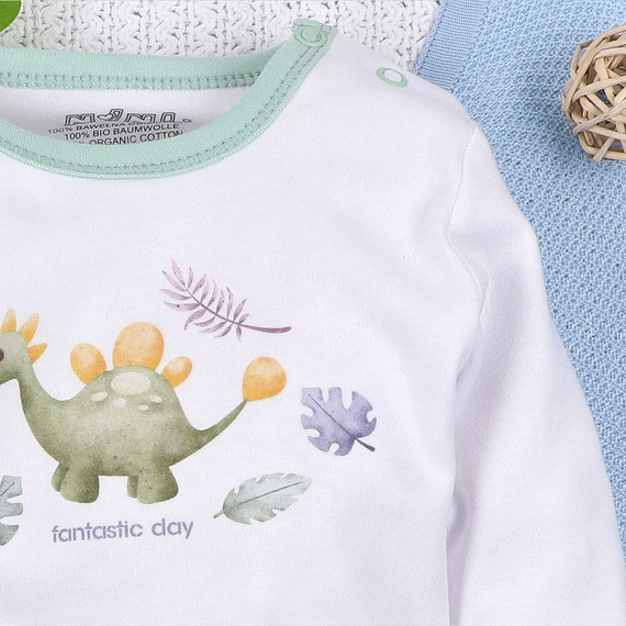 ABN-5565 Боди от органичен памук Dino Explorer, бяло, Nini – органичен памук, дълъг ръкав