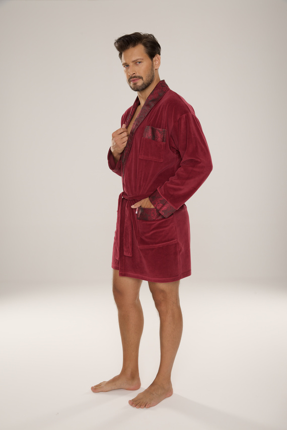 866 Noble Мъжки велурен халат De Lafense - къс, елегантен, памук - бордо