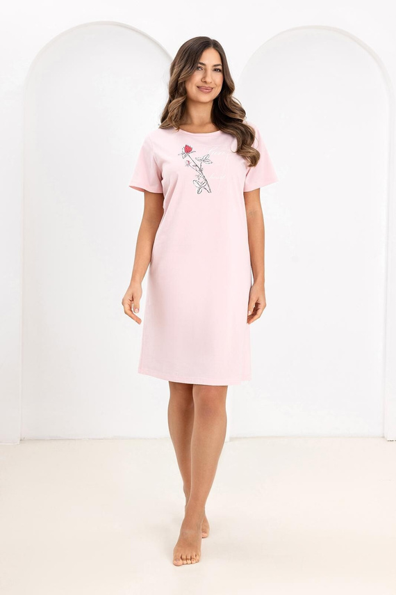 Дамска Памучна Нощница Regina 172 – Къс Ръкав, Полуобло Деколте, Щампа, Дължина До Коляното, 100% Памук