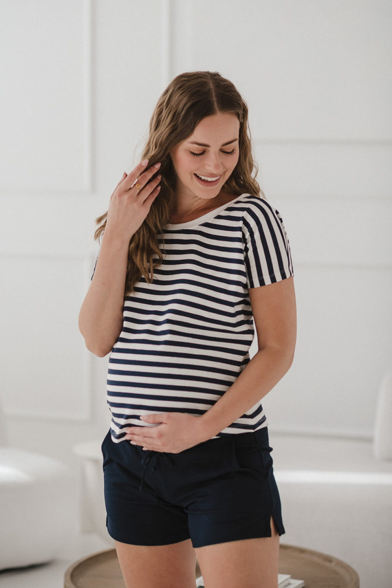 Two Ways двустранна блуза за бременни и кърмене | Къс ръкав, удобно Milk&Love морско синьо и бяло райе