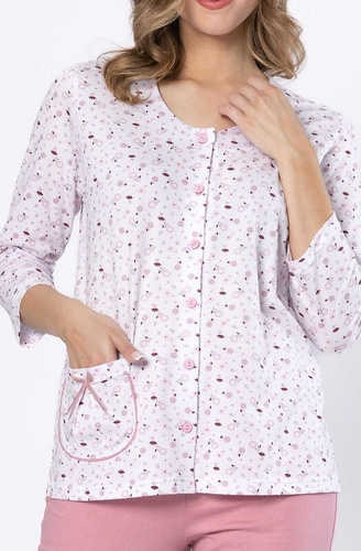 Дамска пижама Добрусия 1636 – розов памук, 3/4 ръкав, закопчаване с копчета