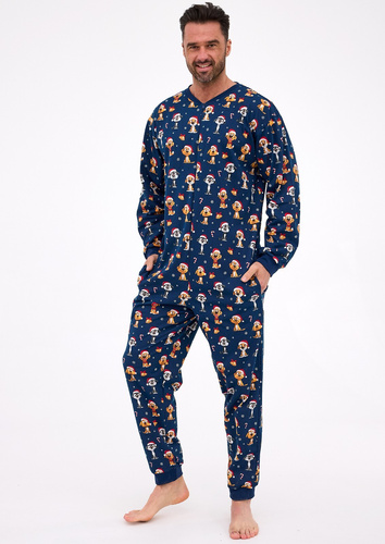 196/295 Мъжки гащеризон Dog 2 Christmas Cornette, тъмносин от памук, коледен принт