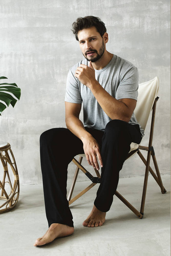 Dallas Мъжка пижама с къс ръкав и дълъг панталон Италианска мода - меланж/черно