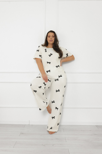 Дамска пижама Figaro - екрю, памук, къс ръкав + дълъг панталон Италианска мода  