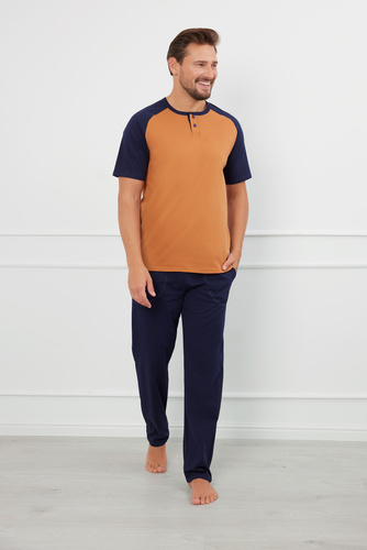 Alexander Мъжка пижама с къс ръкав и дълъг панталон Италианска мода - коняк/гранат 