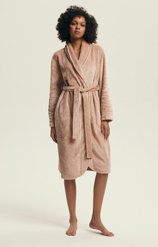 43595 Дамски халат Dextra Henderson в прасковен цвят – мек, с връзки, под коляното