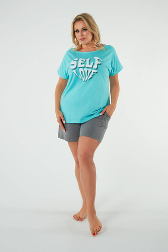 Selfie Дамска пижама с къс ръкав, къси панталони Италианска мода - тюркоаз/меланж
