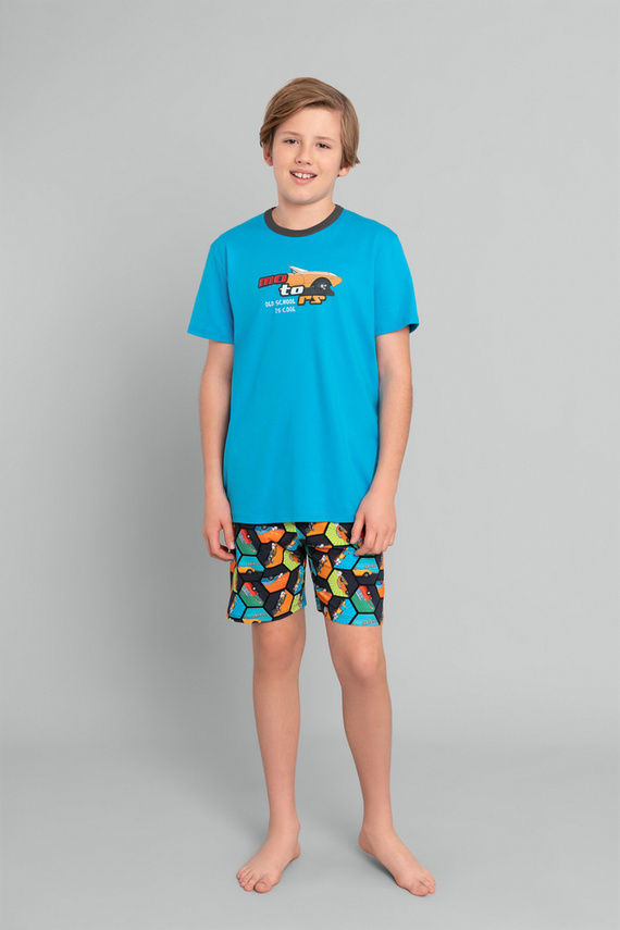 Пижама за момчета с къс ръкав Comic, панталон Италианска мода - тюркоаз/принт