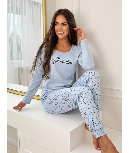 Дамска пижама Donna Star Long, синя - памучна, с дълъг ръкав, опакована в найлонов плик