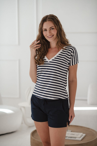 Two Ways двустранна блуза за бременни и кърмене | Къс ръкав, удобно Milk&Love морско синьо и бяло райе