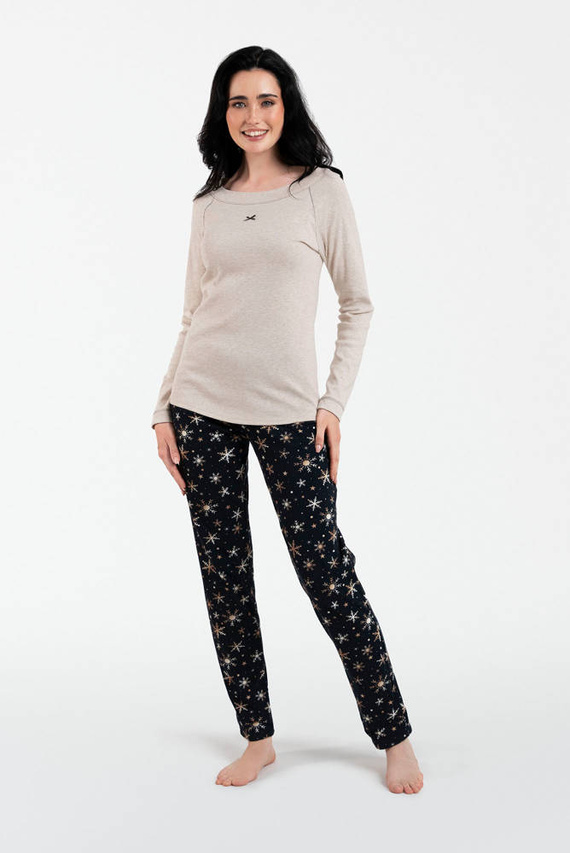 Denali Дамска пижама с дълъг ръкав и дълъг панталон Италианска мода - бежов меланж/принт