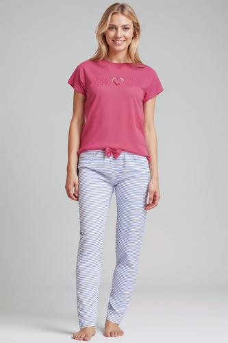 Juliana Sorbetto pink – дамска пижама 100% памук, с бродерия и панталон на дълги райета